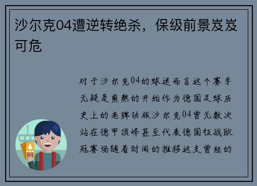沙尔克04遭逆转绝杀，保级前景岌岌可危